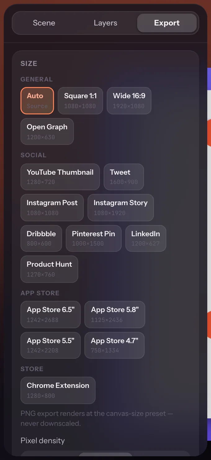 The annotator's Export tab with size presets for Open Graph, Tweet, Instagram, Dribbble, LinkedIn, Product Hunt, App Store and Chrome Web Store