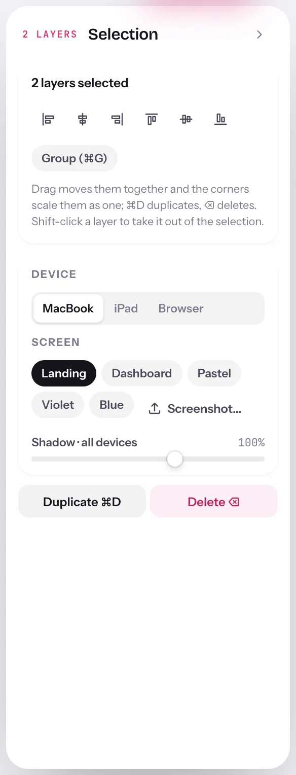 The inspector with two layers selected: align buttons, a Group button, and the device controls