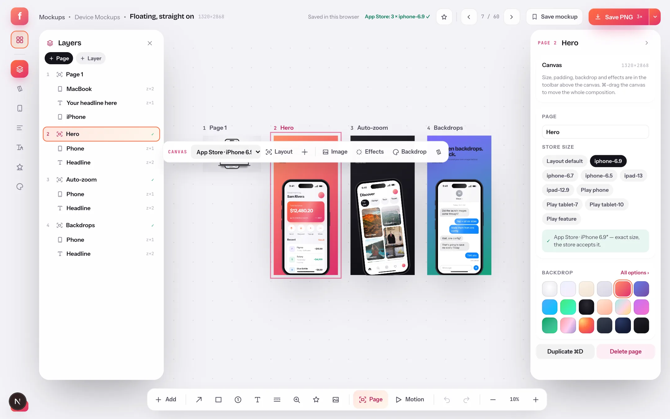 Four pages as artboards on the canvas: the original composition and three App Store pages marked with a green check