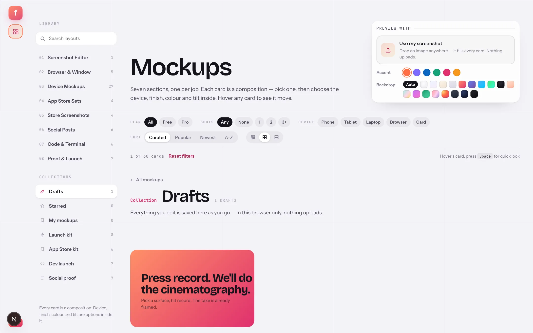 The Drafts collection in the Flicka Mockups gallery, with the edited layout shown as a live tile