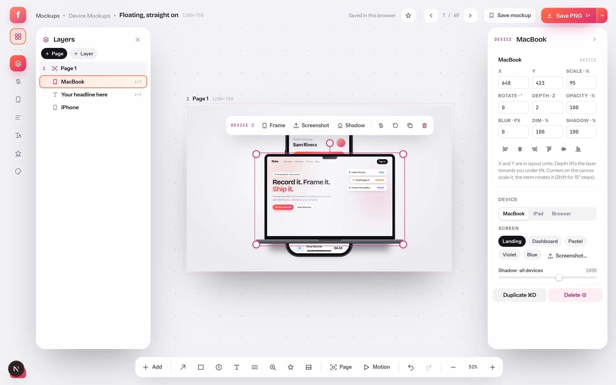 Flicka Mockups' canvas editor: a layers tree on the left, a MacBook and iPhone composition on the canvas, and the numeric inspector on the right