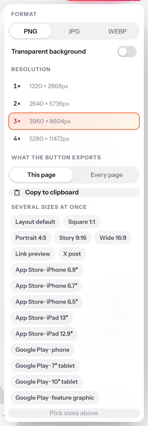 The export menu: PNG, JPG and WebP, resolution to 4×, this page or every page, copy to clipboard, and the list of store sizes for a multi-size export
