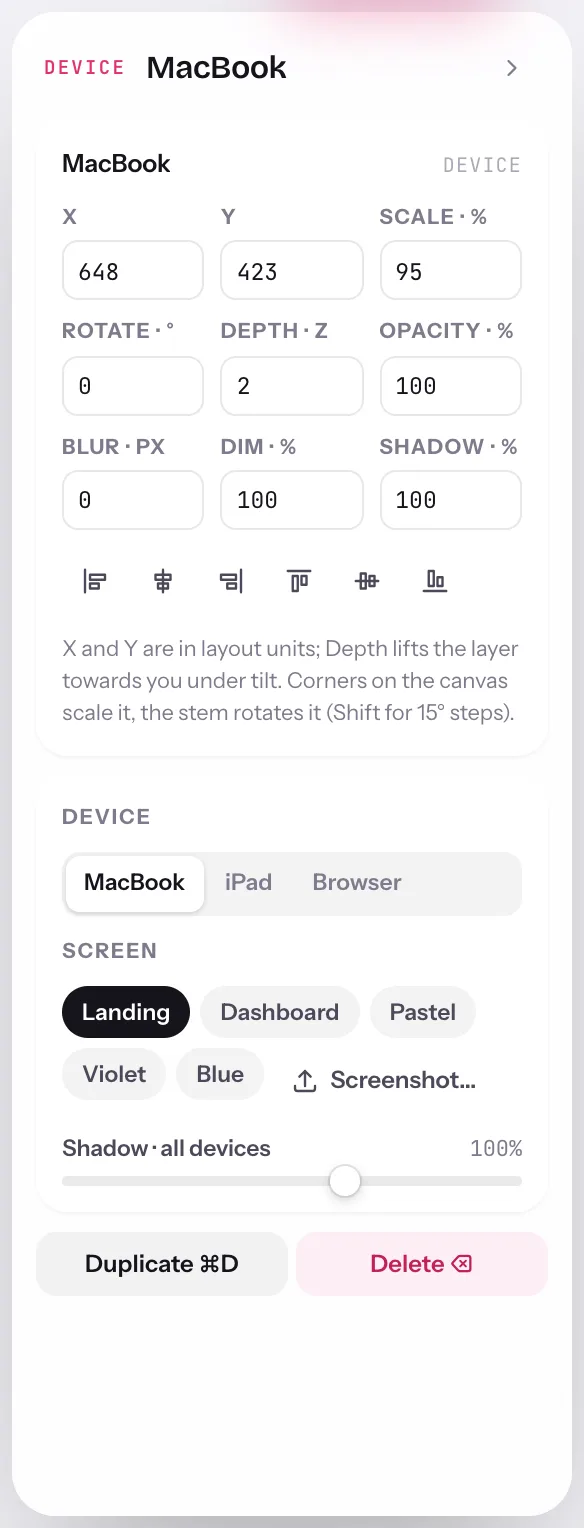 The device inspector: X, Y, scale, rotate, depth, opacity, blur, dim and shadow fields, align buttons, device model and screen