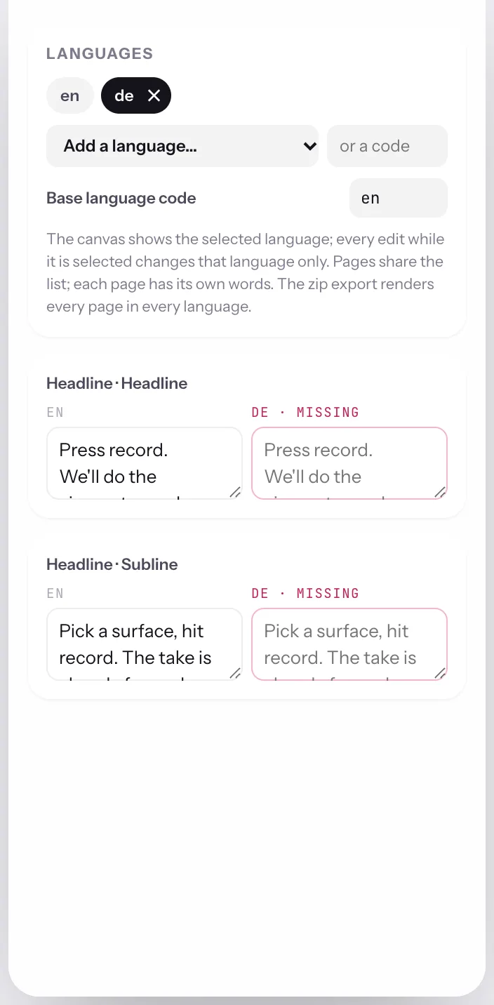 The Words panel: language chips for en and de, an Add a language menu, and headline fields with the German column marked MISSING