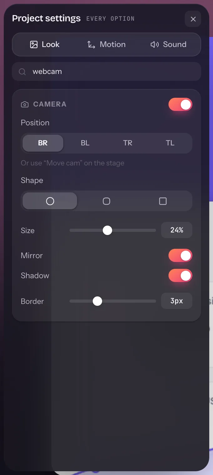 Flicka's Camera settings: position presets, shape, size, mirror, shadow and border