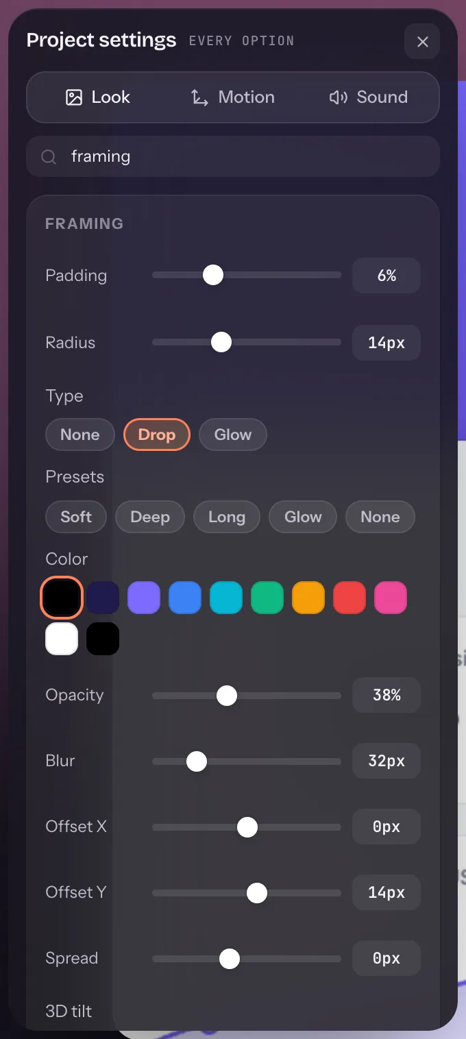 The Framing section with padding, radius, shadow type, presets, colour, opacity, blur, offsets and spread