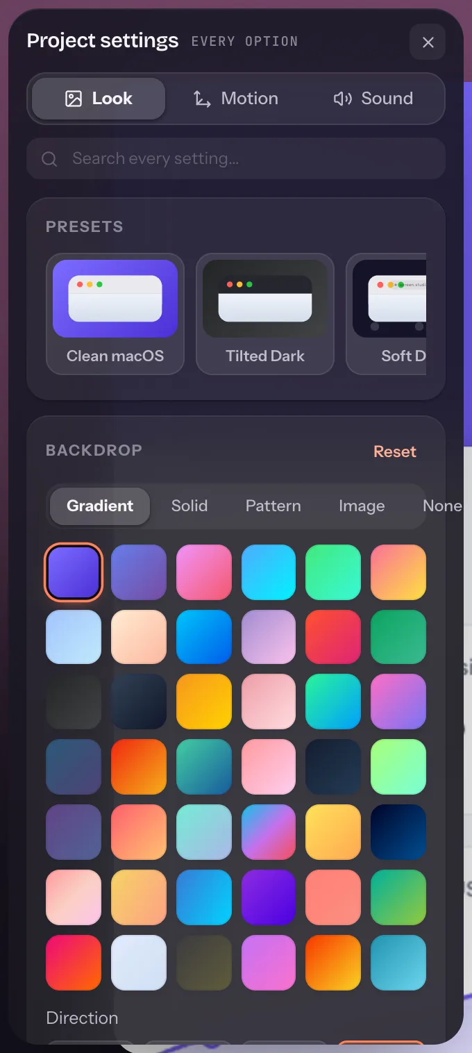 The Look panel with presets Clean macOS, Tilted Dark and Soft Dots, and the Backdrop gradient grid