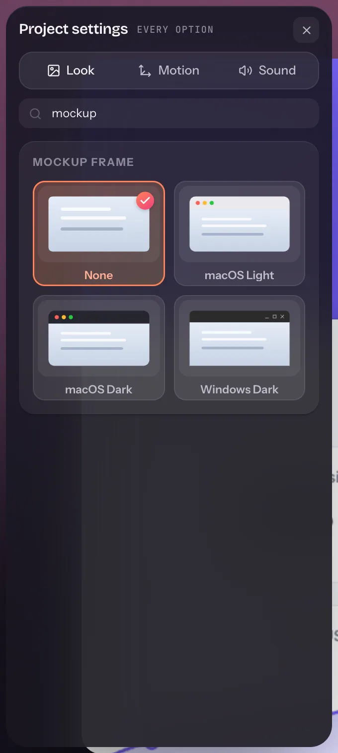 The Mockup section with frame thumbnails for none, macOS light, macOS dark and Windows dark