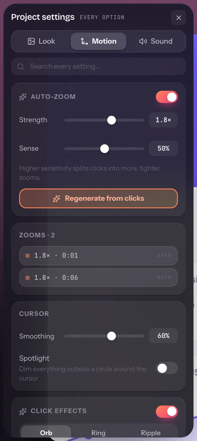 Flicka's Motion panel with auto-zoom strength and sense, the zoom list, cursor smoothing and spotlight