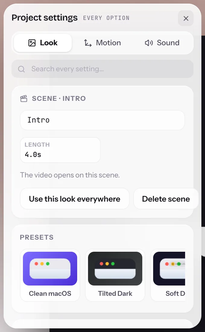 The Look tab for a scene: the Scene section with its name and length, the Scene templates section and the Layers section