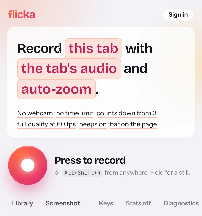 Flicka's popup with its sentence, small print and shutter