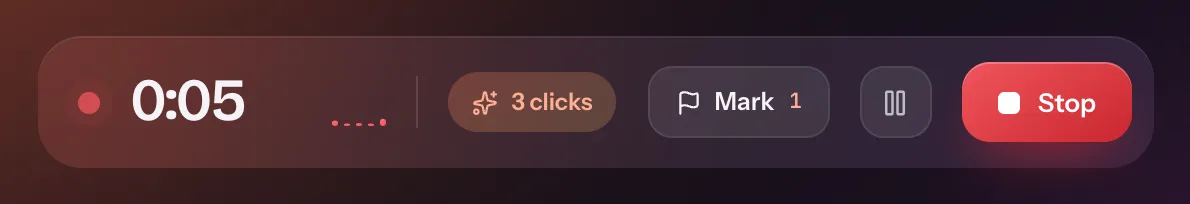 Flicka's recording controls: timer, audio meter, click counter, Mark, Pause and Stop