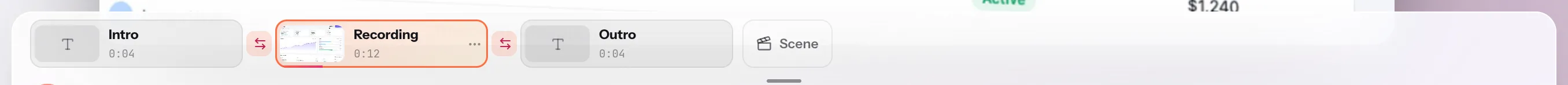 The scene strip: an Intro card, the Recording with a seam button on each side, an Outro card and the add-scene button