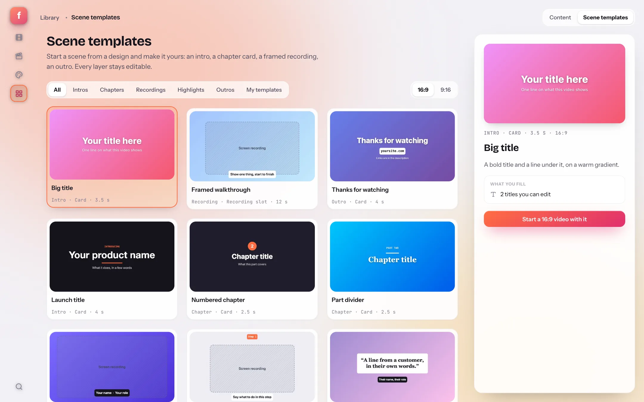 Flicka's Scene templates gallery: a grid of intro, chapter, recording, highlight and outro templates with a preview panel for Big title