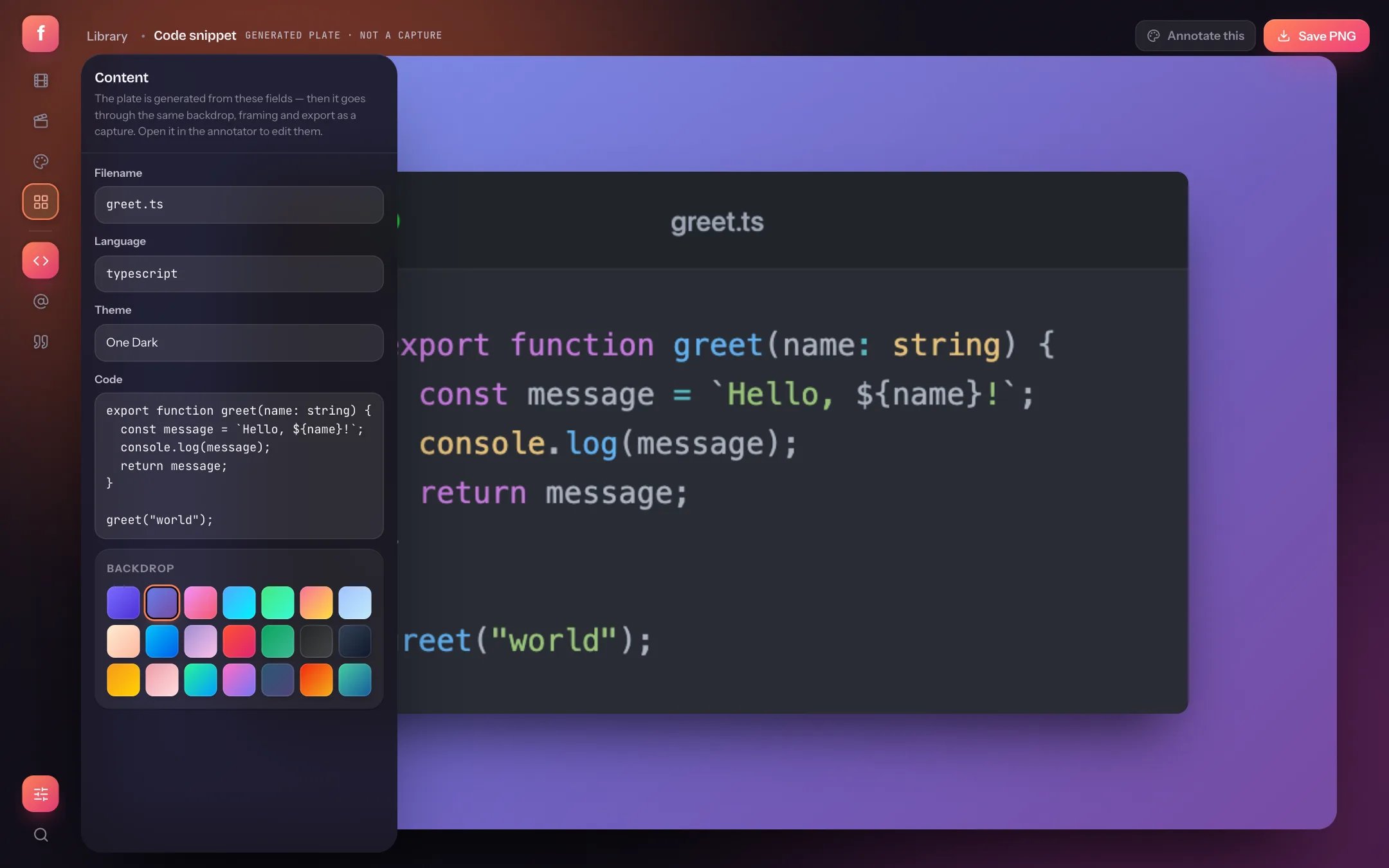 The code snippet template with its content panel open