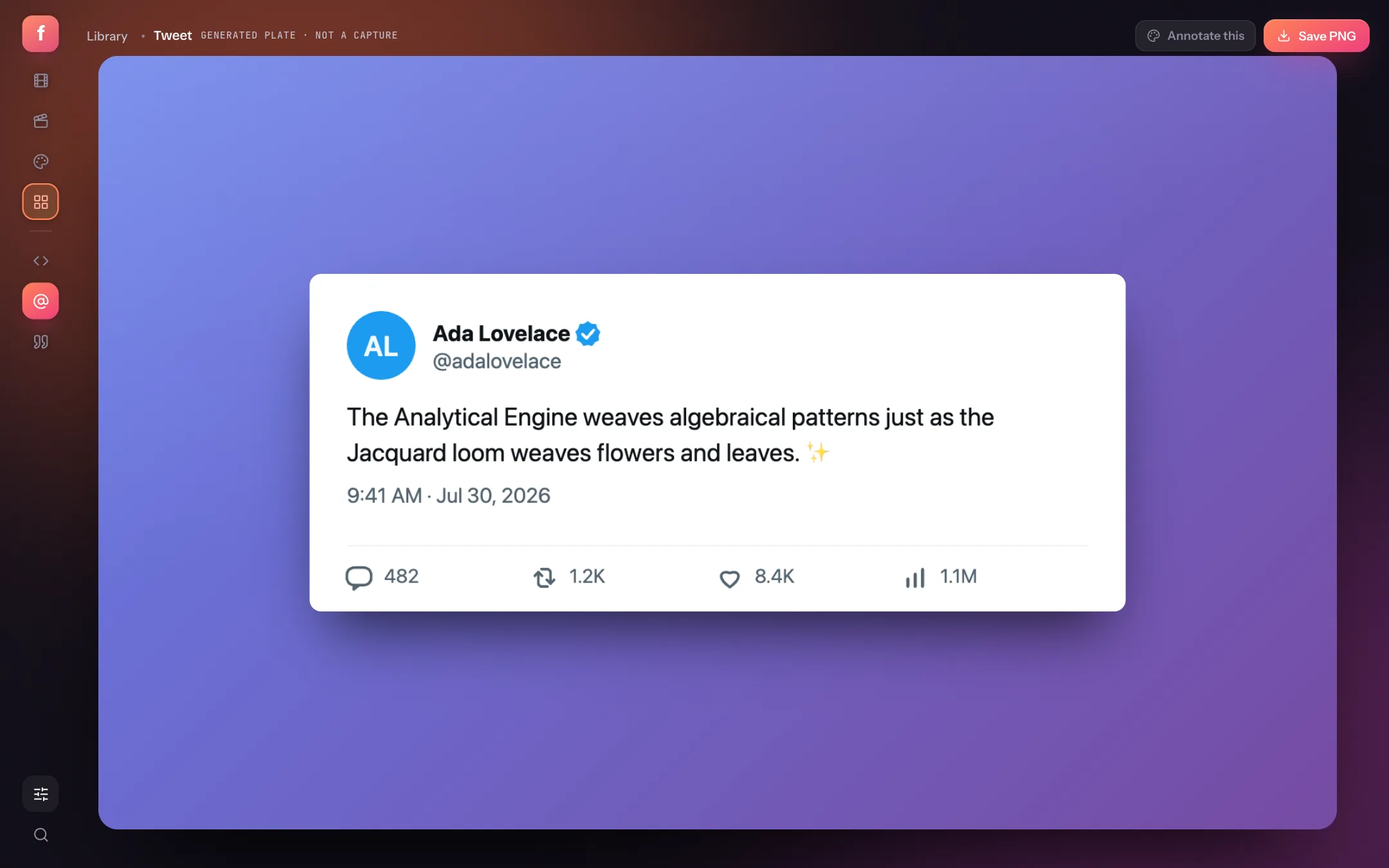 Flicka's tweet template showing a post card with name, handle, text and engagement counts