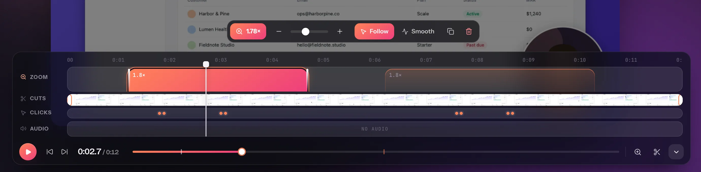 Flicka's expanded timeline with zoom blocks, filmstrip, click markers and the selected zoom's toolbar